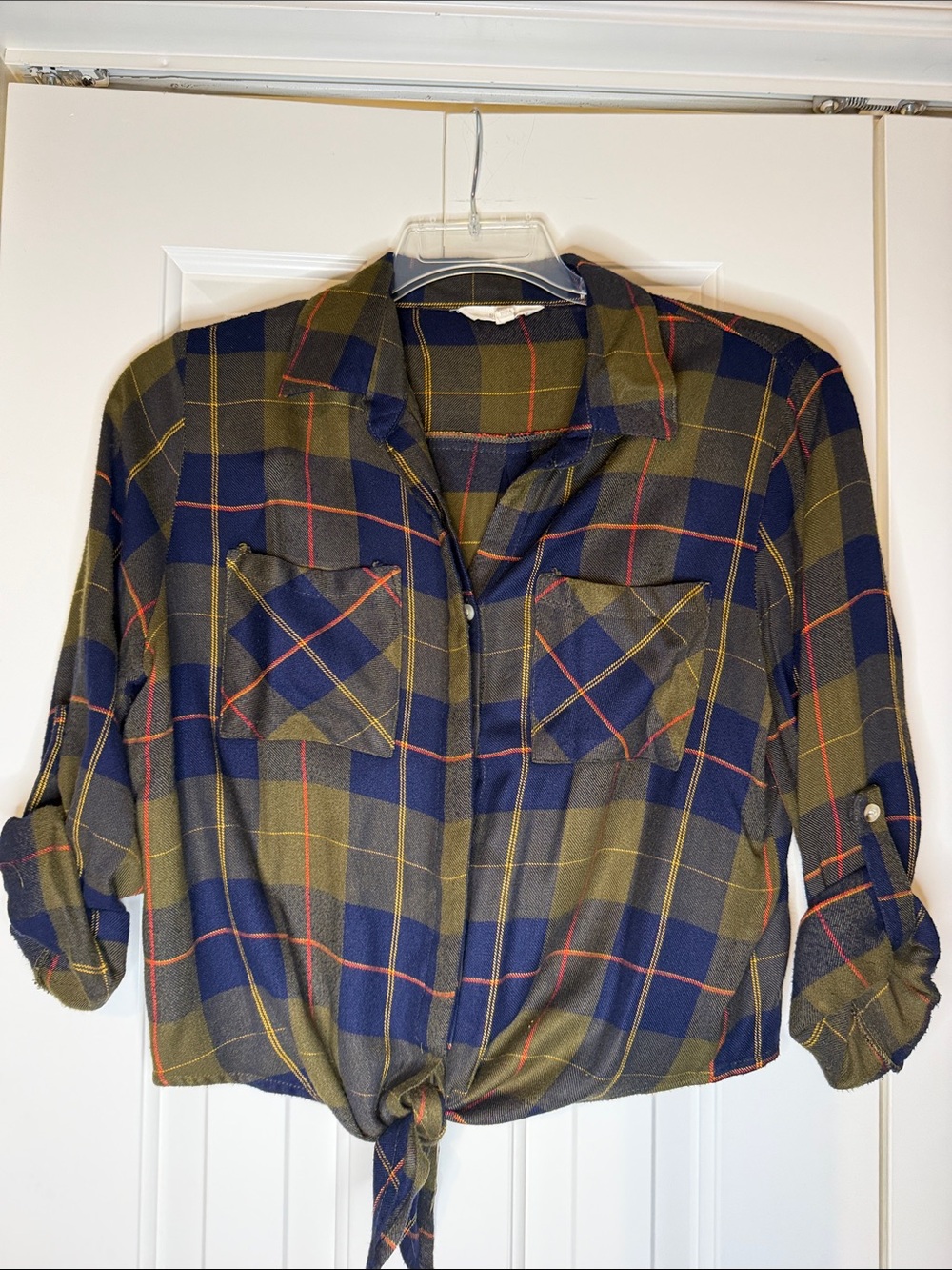 Tie-Front Plaid Button-Down Shirt - Olive & Navy